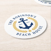 Name Beach House Anchor Gold Laurel White Runder Pappuntersetzer (Angewinkelt)