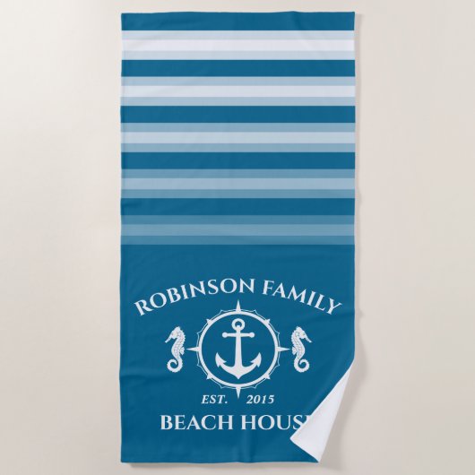 Name Beach House Seepferd Anchor Aqua Blue Strandtuch (Vorderseite)