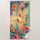 Name Beach Sunset Flamingoes tropische Blume hinzu Strandtuch (Vorderseite)