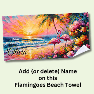 Name Beach Sunset Flamingoes tropische Blume hinzu Strandtuch
