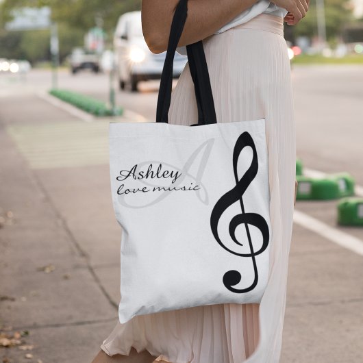 Name & Black Treble Clef Music Tote Tasche