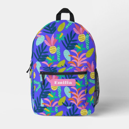 Name blauen floralen trendfarbenen Schule Nähtasch Bedruckter Rucksack (Vorderseite)