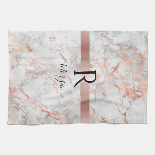 Name/Blk Monogramm, Weißes und Rose-Goldmarmor, Vs Geschirrtuch (Horizontal)