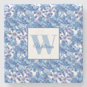 Name Blue Floral Botanic Monogram Steinuntersetzer (Vorderseite)