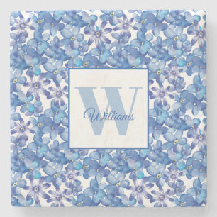 Name Blue Floral Botanic Monogram Steinuntersetzer