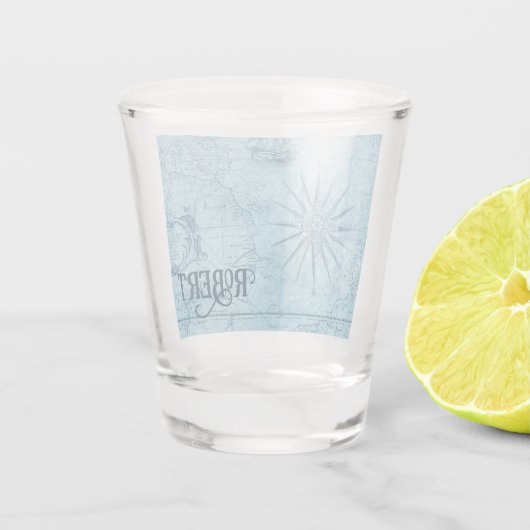 Name, Blue Imitats Old World Map 1.5oz Schnapsglas (Rückseite)