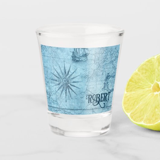 Name, Blue Imitats Old World Map 1.5oz Schnapsglas (Vorderseite)