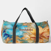 Name Blume Aqua & Gold Blumen Abstrakt hinzufügen Duffle Bag (Vorderseite)