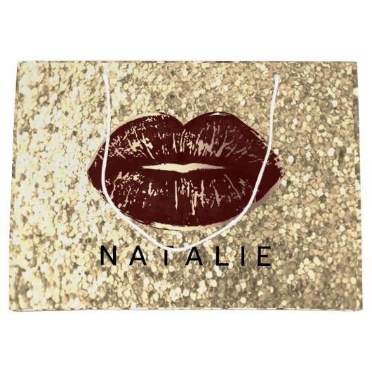 Name Bridal Brown Kiss Lips Glitzer Champagne Große Geschenktüte (Vorderseite)
