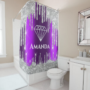 Name Bridal Glitzer Tropfen Grau Lila Diamant Duschvorhang