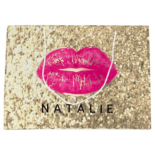 Name Bridal Pink Kiss Lips Glitzer Champagne Große Geschenktüte (Vorderseite)