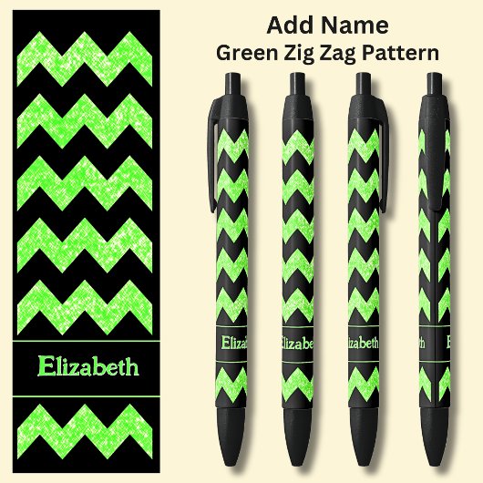 Name Bright Green Zig Zag auf schwarz Kugelschreiber