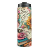 Name, Bücher & Kaffee mit Blumen Thermosbecher (Vorderseite)