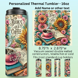 Name, Bücher & Kaffee mit Blumen Thermosbecher