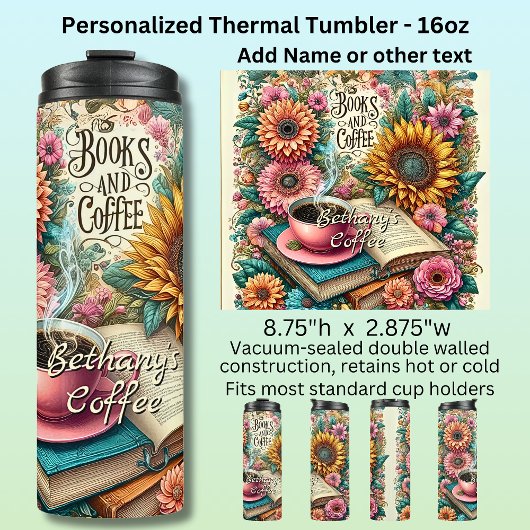 Name, Bücher & Kaffee mit Blumen Thermosbecher