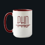 Name Burgundy PhD Tasse<br><div class="desc">Eine große PhD-Tasse mit Name und Diplom-Design in Bordeaux auf weißem Hintergrund. Die Innenseite der Tasse und der Griff sind bordeauxrot. Einfach den Namen anpassen,  diese Tasse in den Warenkorb legen und die nächste Tasse Kaffee genießen. Name Burgundy PhD Holidayday-Design für große Tasse | ©Melissa Patton - Designer</div>