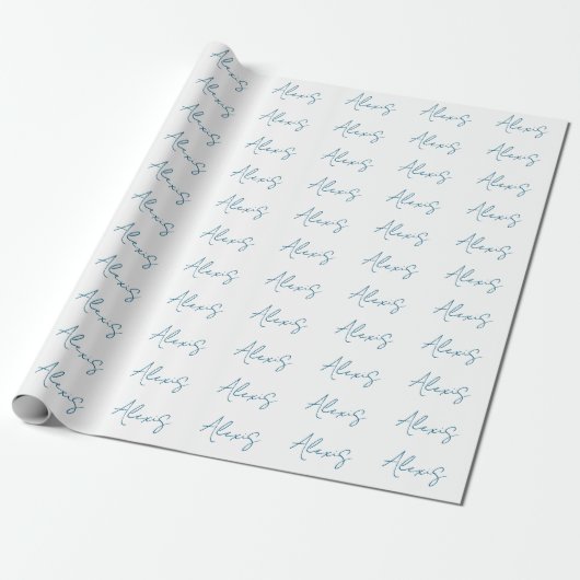 Name Calligraphy Script Plain Simple White Blue Geschenkpapier (Ungerollt)