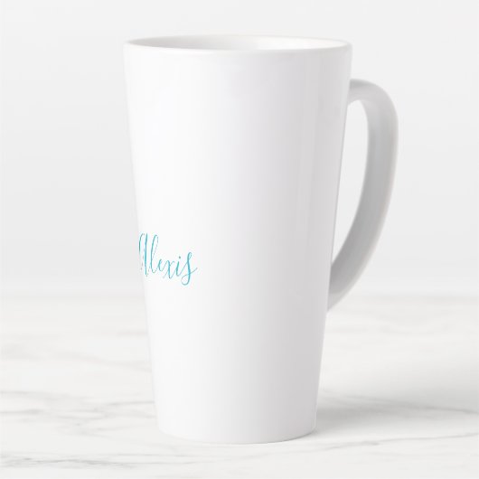 Name Calligraphy Script Plain Simple White Blue Milchtasse (Rechte Ecke)