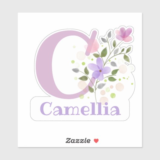 Name Camellia plus Initial mit Blumendesign Aufkleber (Blatt)
