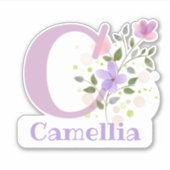 Name Camellia plus Initial mit Blumendesign Aufkleber (Vorderseite)