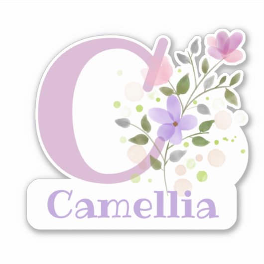 Name Camellia plus Initial mit Blumendesign Aufkleber (Vorderseite)