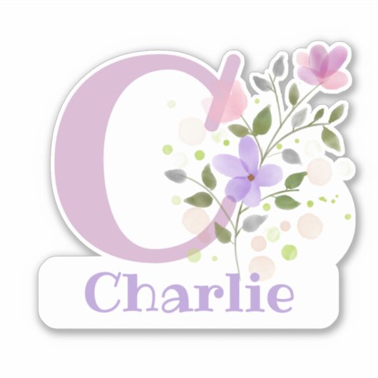 Name Charlie plus Initial mit Blumendesign Aufkleber (Vorderseite)