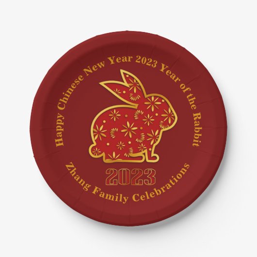 Name Chinesisches Neujahr 2023 Rabbit Red Gold 7" Pappteller (Vorderseite)