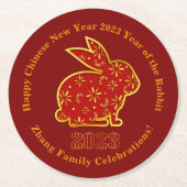 Name Chinesisches Neujahr 2023 Rabbit Red Gold Runder Pappuntersetzer (Vorderseite)