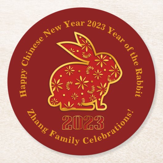 Name Chinesisches Neujahr 2023 Rabbit Red Gold Runder Pappuntersetzer (Vorderseite)