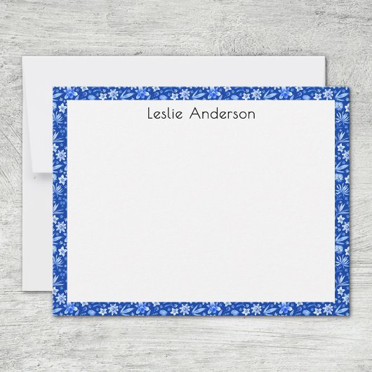 Name, Cobalt Blue Tropical Leaves & Flowers Frame Mitteilungskarte