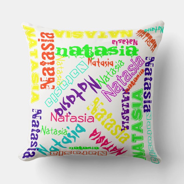 Name Collage Pillow farbenfrohe helle Nebel weiß Kissen (Vorderseite)
