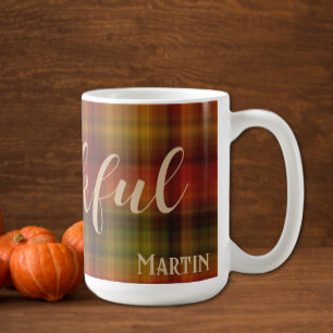 Name & Dankbar auf Karomuster 15oz Herbstbecher Kaffeetasse