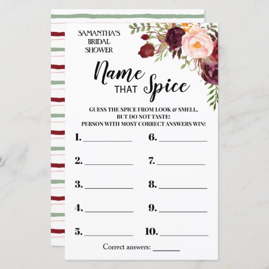 Name, dass Spice Marsala Blume Brautparty Game (Vorne/Hinten)