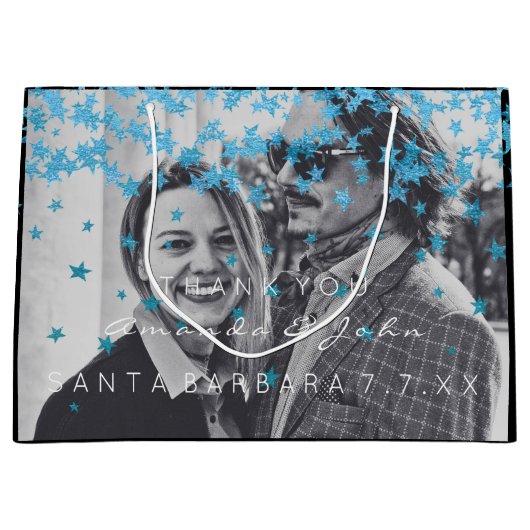 Name Date Foto Gastgeschenk Hochzeit Danke Blue St Große Geschenktüte (Vorderseite)