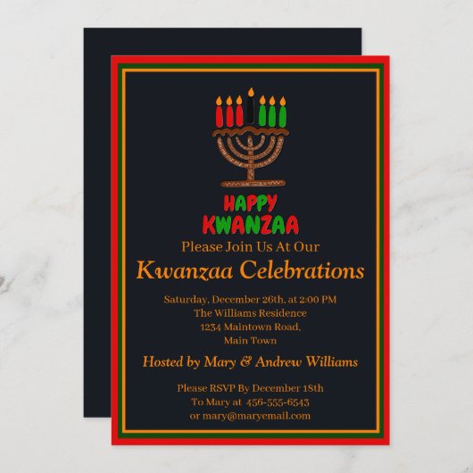 Name Datum Daten hinzufügen Happy Kwanzaa Kerzen, Einladung (Vorne/Hinten)