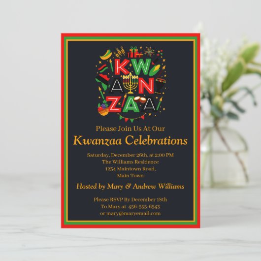 Name Datum Details Kwanzaa 7 Kerzen Party hinzufüg Einladung (Stehend Vorderseite)