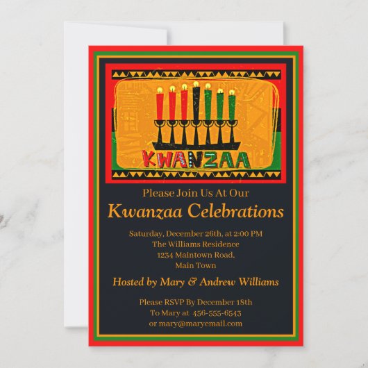 Name Datum Details Kwanzaa Kerzen Party hinzufügen Einladung (Vorderseite)