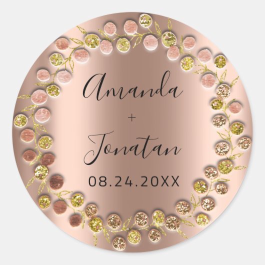 Name Datum Rose Gold Wreath Wedding Blush Runder Aufkleber (Vorderseite)