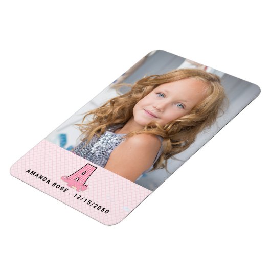 Name Datum und Monogramm A Kinder Pink Alligator F Magnet (Linke Seite)