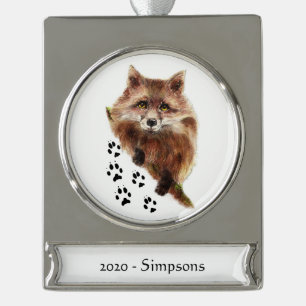 Name-DatumWatercolorFox spürt Tierkunst auf Banner-Ornament Silber