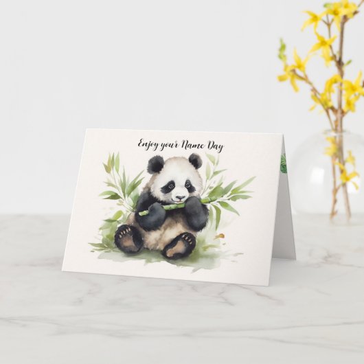 Name Day Panda Bär mit Bamboo Karte (Gelbe Blume)
