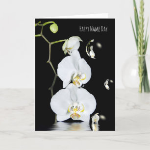 Name Day white orchias with bubble reflektion Karte