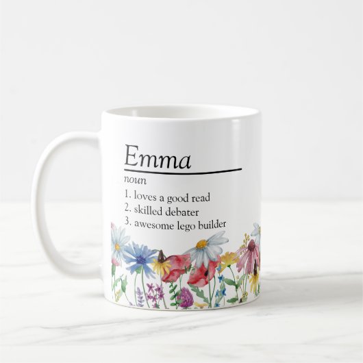 Name Definition mit Ländergrenzen für Wildblumen Kaffeetasse (Links)