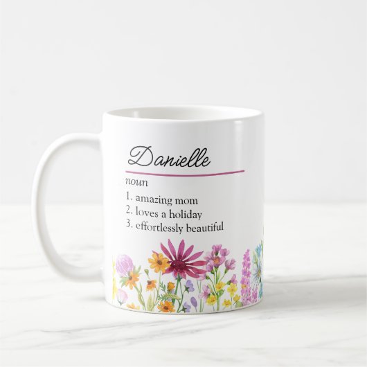 Name Definition mit weiblicher Wildblume Kaffeetasse (Links)