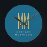 Name der Anfangsbuchstaben des Blue-Gold-Monogramm Runde Wanduhr<br><div class="desc">Erleben Sie dieses moderne,  elegante Design. Diese Vorlage kann an alle beruflichen Beruf angepasst werden.</div>