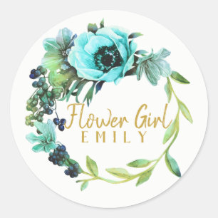 Name der aquamarinen Blütenblume (Peony Wreath Flo Runder Aufkleber