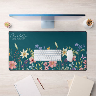 Name der bloralen Wildblume Monogramm Aquamarin Schreibtischunterlage