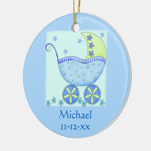 Name der Blue Baby-Buggy Geburtsdatum Keramik Ornament (Links)