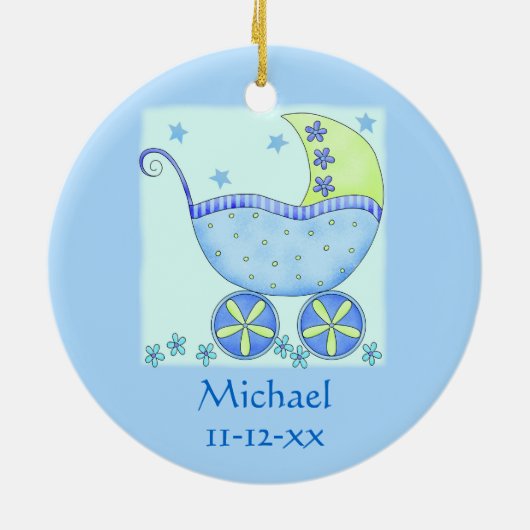 Name der Blue Baby-Buggy Geburtsdatum Keramik Ornament (Hinten)