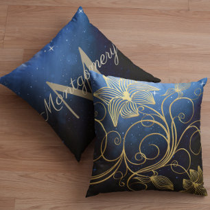Name der Blue Starry Galaxy Gold Floral Monogram N Kissen